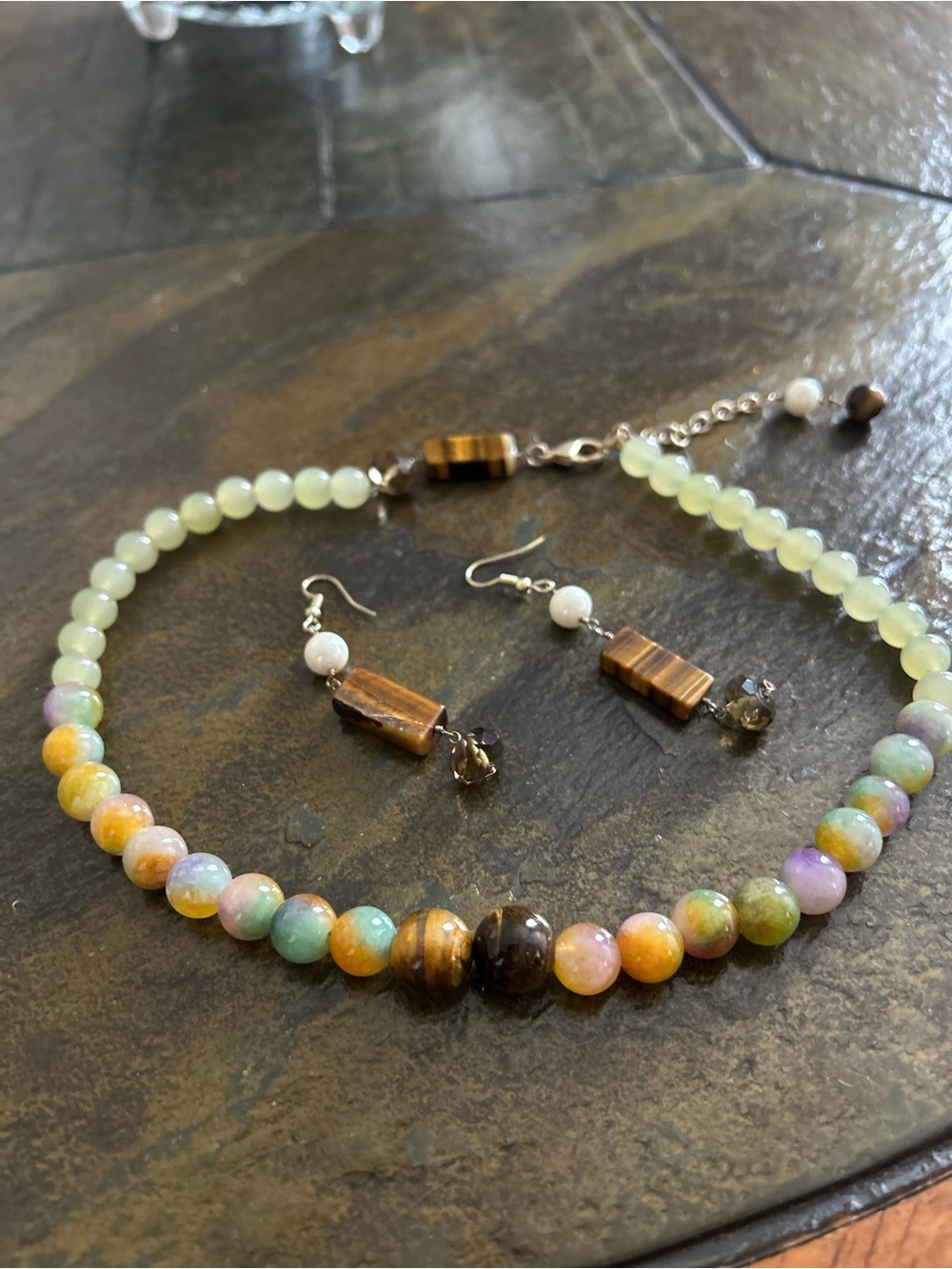 Natural Jade & Tiger Eye Beaded Choker and Earrings Set